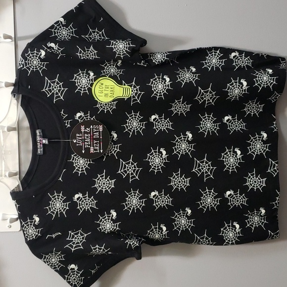 Love, Peace & Lazy Days Black Tshirt with Glow in the Dark Spiders and Webs, S - Picture 1 of 6